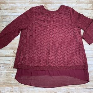Lucky Brand Women’s Burgundy Sweater Lace 3/4 Sleeves Layers Size Large